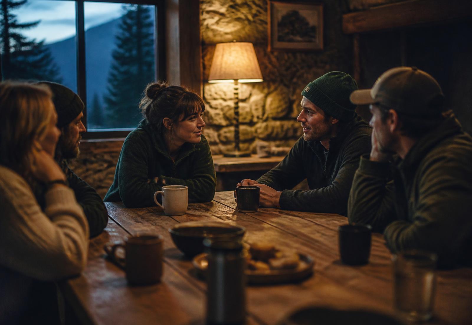 A small group gathered around a long timber table in a warm-lit lodge with an exposed stone wall behind them