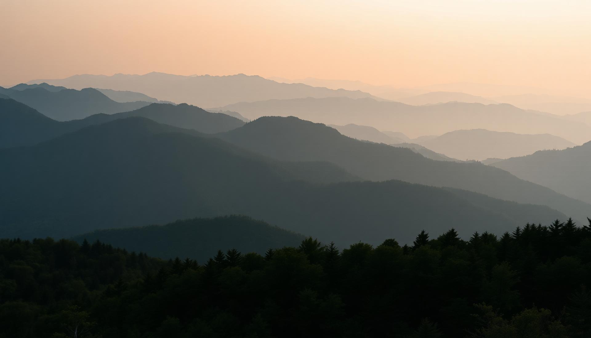 Misty mountain ridges at sunrise